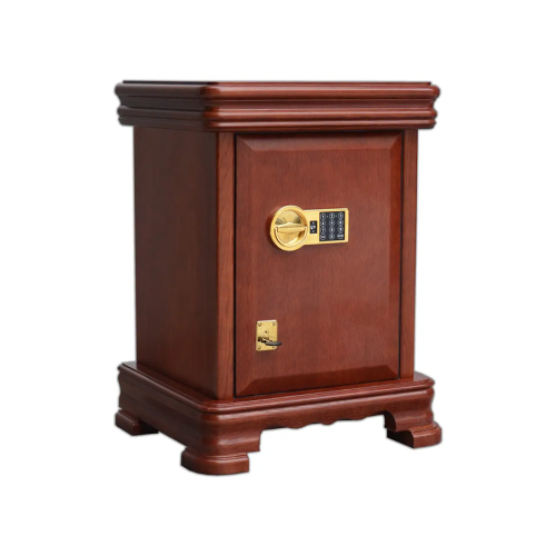 Заказной сейф с дизайном technomax с отделкой деревом, золочение замка.